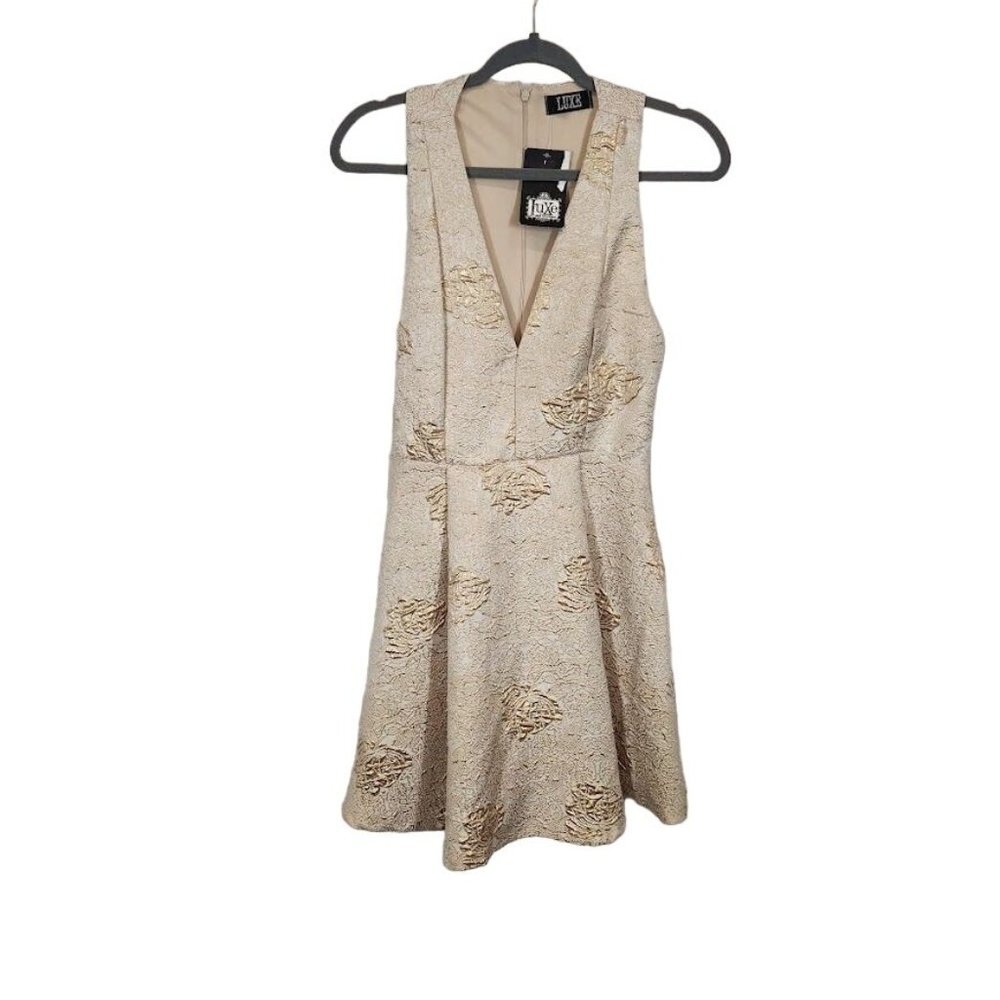 Luxe Deep V-Neck Jacquard Mini Skater Dress in Champagne Gold - Size Small